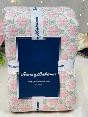 Tommy Bahama KING Quilted Shams Set 100% Cotton Coastal Bay Pink New Set 2